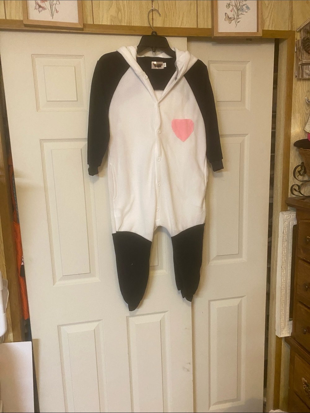 Kids Black & White Hooded One-Piece with Pink Heart Pocket